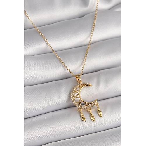 316L �elik Gold Renk Zincir Zirkon Ta�l� Hilal Model Sallant� Yaprak Detay Kad�n Kolye
