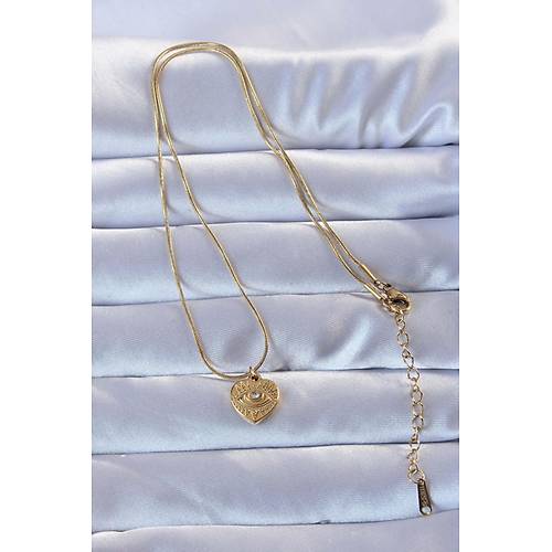 316L Alt�n Renk Zirkon Ta�l� ��lemeli G�z Detay Kalp Kolye