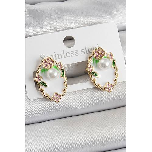 Pirin� Beyaz Mineli �nci Detayl� Sanatsal Portre Model Gold Renk Kad�n K�pe