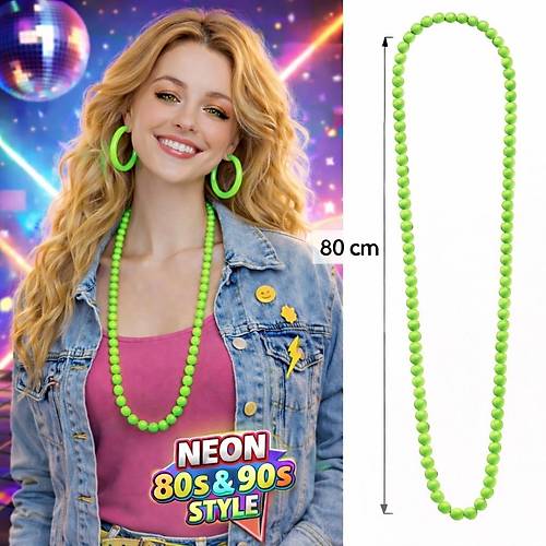 Neon Ye�il Boncuk Kolye 80 cm � Retro 80�ler 90�lar Parti Aksesuar�
