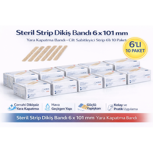 Steril Strip Diki� Band� 6 x 101 mm Yara Kapatma Band� Cilt Sabitleyici Strip 6�l� 10 Paket