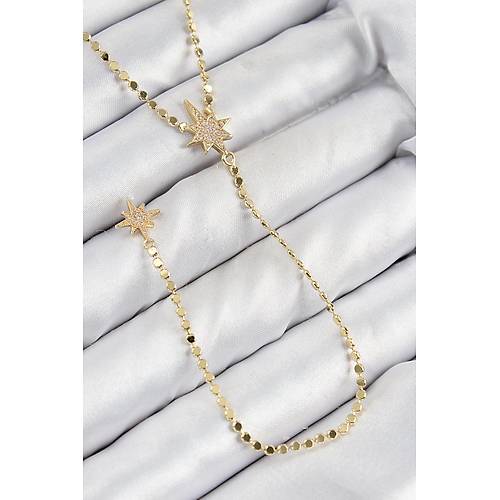Pirin� Zirkon Ta�l� Ezme Zincirli Kutup Y�ld�z� Model Gold Renk Y Kolye