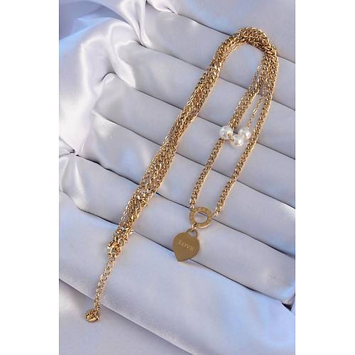 316L �elik Gold Renk �ift Zincir �nci Detay� Love Kalp Kolye