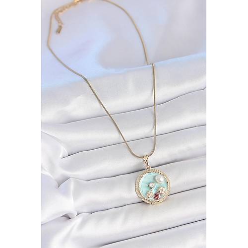 316L �elik Gold Renk Zincir Mavi Mineli �nci �i�ek ��lemeli Zirkon Ta� Detayl� Madalyon Model Kad�n Kolye
