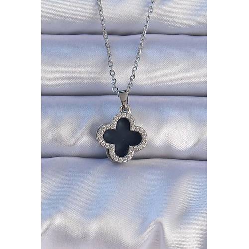 316L �elik G�m�� Renk Siyah Mineli Zirkon Ta�l� Yonca Fig�rl� Kolye