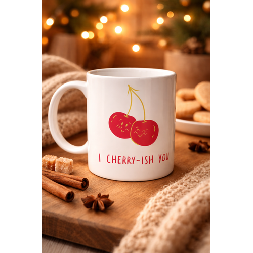 Model 26 � I Cherry-Ish You Yaz�l� Sevimli Kiraz Tasar�ml� Porselen Kupa - A�k Dolu Hediye Fikri