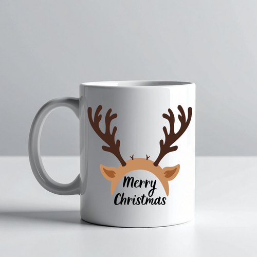 Merry Christmas Geyik Boynuzu Tasar�ml� Kupa Model 235 Y�lba�� Temal� Seramik Kahve Kupas�