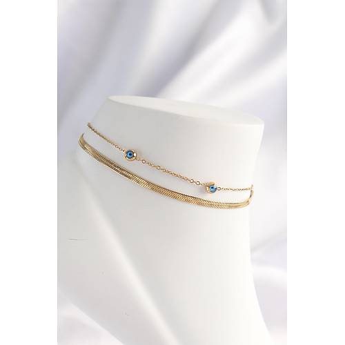 316L �elik Gold Renk Nazar Boncuk Tasar�ml� 2li Halhal