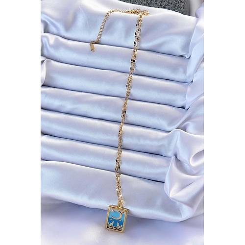 316L �elik Zincir Alt�n Renk Mavi Mineli Ay Fig�r Tarot Kolye