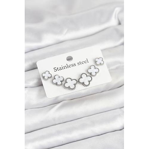 316L �elik G�m�� Beyaz Renk 3 Boy Yonca K�pe Seti