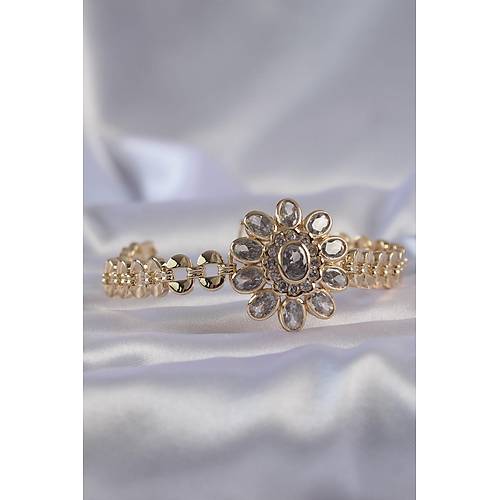 Pirin� Gold Renk �ri Zirkon Ta�l� �i�ek Fig�rl� Bileklik
