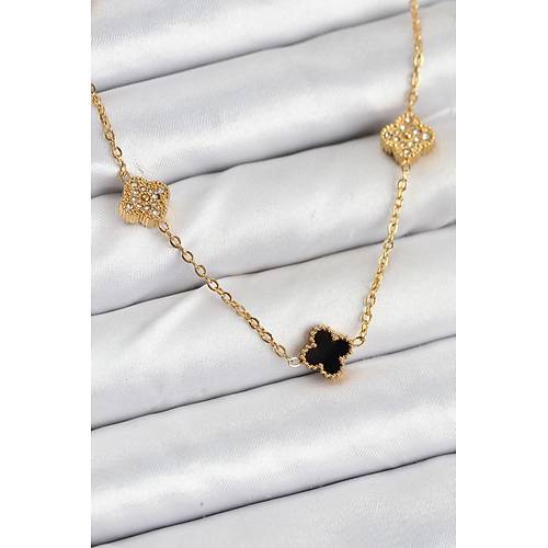 316L �elik Zincir Gold Renk Siyah ve Zirkon Ta�l� Baby Boy Yonca Kad�n Kolye