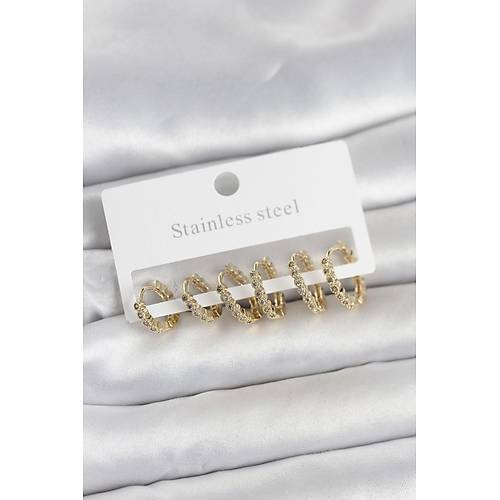 316L �elik Gold Renk Zirkon Ta�l� Halka Model Kad�n K�pe Seti