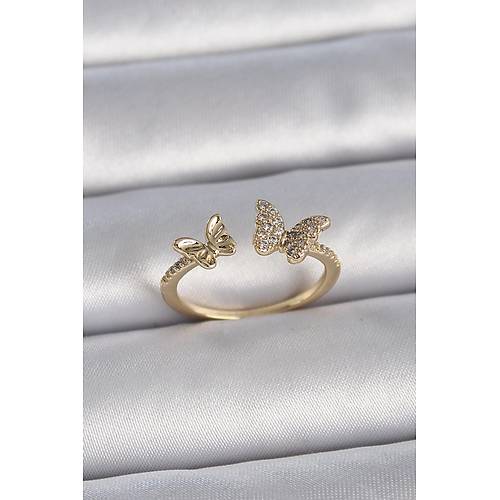 Pirin� Gold Renk Ayarlanabilir Zirkon Ta�l� Kelebek Model Kad�n Y�z�k