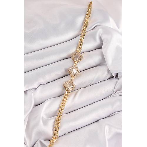 Pirin� Zirkon Ta�l� Yonca Model Gold Renk Kad�n Bileklik