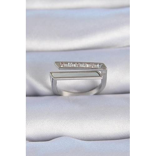 Pirin� G�m�� Renk Zirkon Ta�l� Beyaz Sedef Detay Kad�n Y�z�k