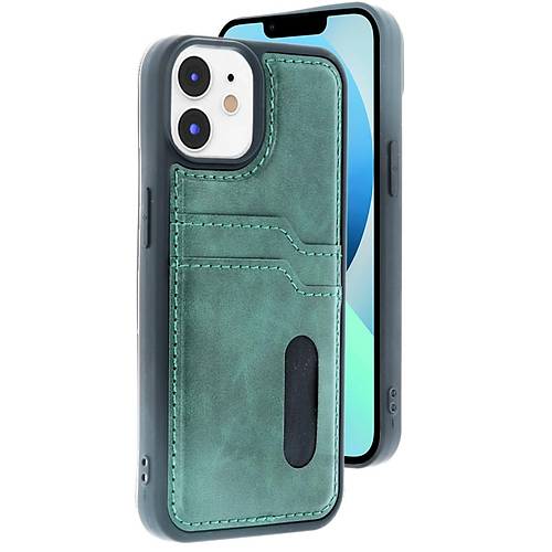 iPhone 11 K�l�f Sara Kartvizitli Deri K�l�f - Koyu Ye�il
