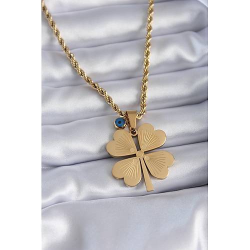 316L �elik Gold Renk Burgu Model ��lemeli Yonca Fig�r Nazar Boncuk Detay Kad�n Kolye