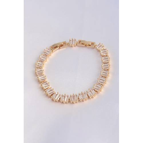 Vip Seri Pirin� Zirkon Ta�l� Gold Renk Kare Su Yolu Model Bileklik