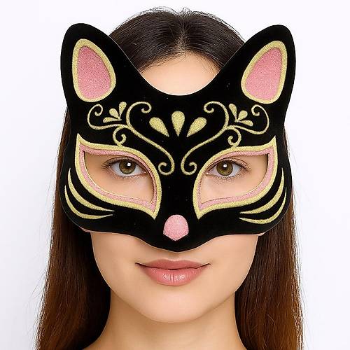 Siyah Renk S�et Kaplama �zeri Pembe Sar� Simli Kedi Maskesi 17x14 cm