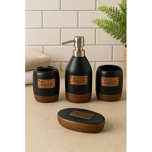 4 Par�a Siyah Seramik Banyo Seti