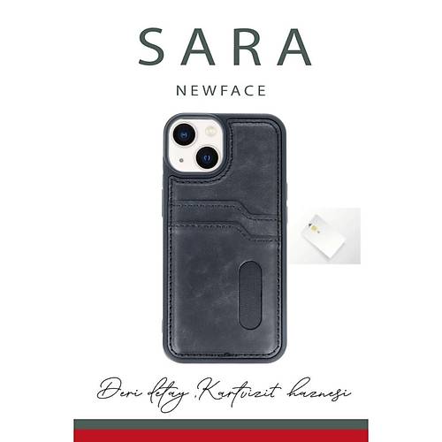 iPhone 14 K�l�f Sara Kartvizitli Deri K�l�f - Koyu Ye�il