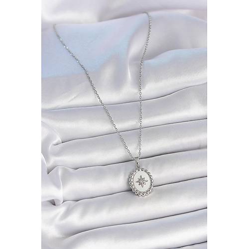 316L �elik G�m�� Renk Zincir Beyaz Mineli Kutup Y�ld�z ��lemeli Madalyon Model Kad�n Kolye