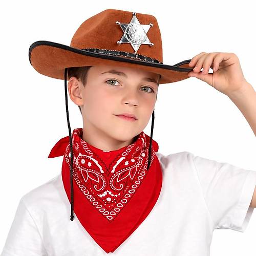 �ocuk Kovboy �apka Rozetli Kahverengi & K�rm�z� Bandana Fular Seti