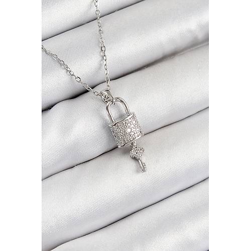 316L �elik Zirkon Ta�l� Kilit Ve Sallant�l� Anahtar Model G�m�� Renk Kad�n Kolye