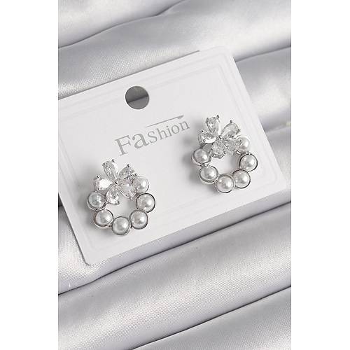 Pirin� G�m�� Renk �ncili Halka Model Zirkon Ta�l� �i�ek Detay Kad�n K�pe