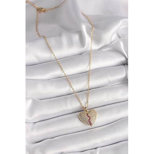 316L �elik Gold Renk Zincir Zirkon Ta�l� Kalp Model Kad�n Kolye
