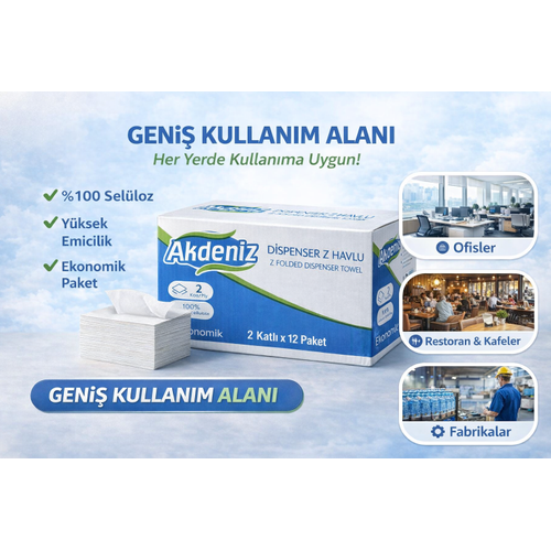 Akdeniz Dispenser Z Havlu 2 Katl� 12 Paket | %100 Sel�loz | Ekonomik Z Katl� Ka��t Havlu