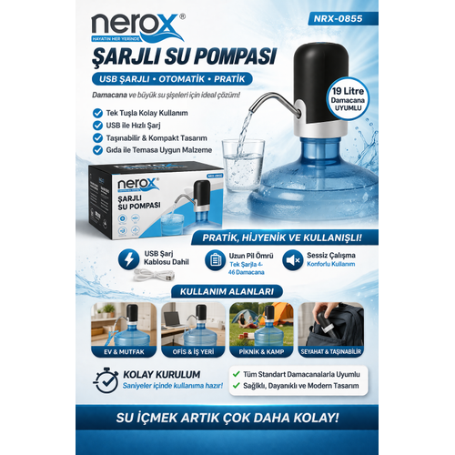 Nerox �arjl� Su Pompas� NRX-0855 USB �arjl� Damacana Su Pompas� Otomatik Su Sebili Aparat�