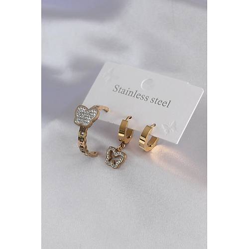 316L �elik Gold Renk Kelebek Model Zirkon Ta� Detay Kad�n K�pe Kombini