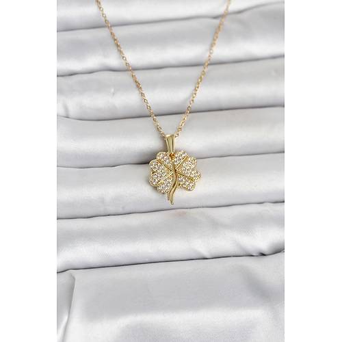 316L �elik Gold Renk A��labilir Yonca Model Zirkon Ta�l� Kad�n Kolye