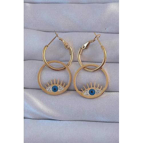 316L �elik Gold Renk Zirkon Ta�l� Mavi G�z Tasar�ml� Halka K�pe