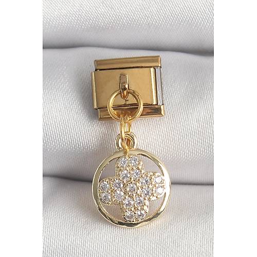 316L �elik Gold Renk Sallant� Zirkon Ta�l� Yonca Model Nomination Charm