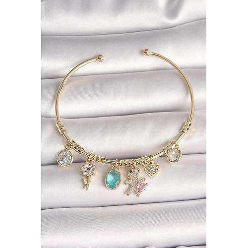 Pirin� Gold Renk Sallant� Zirkon Ta�l� AY�c�k Fig�r Kalp Detay Charm Kad�n Bileklik