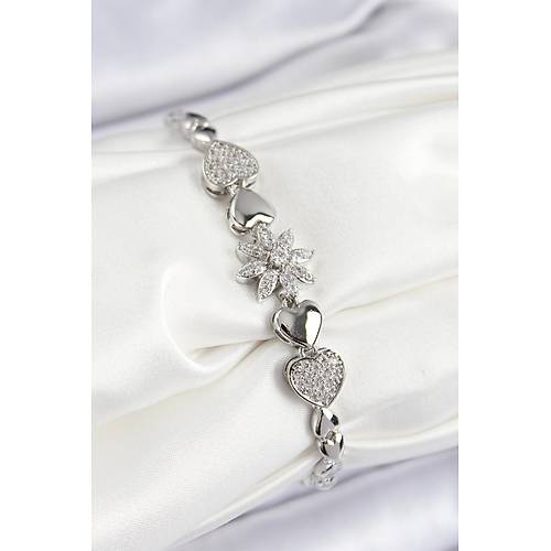 Pirin� Zirkon Ta�l� Kalp Detayl� �i�ek Model G�m�� Renk Kad�n Bileklik