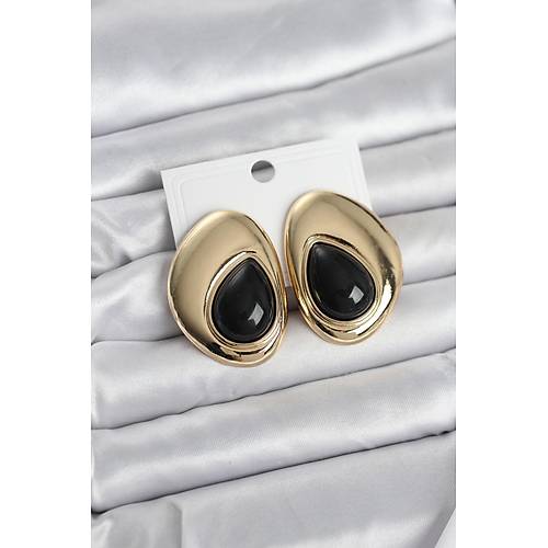 Pirin� Gold Renk Siyah Ta�l� Damla Model Vintage Kad�n K�pe