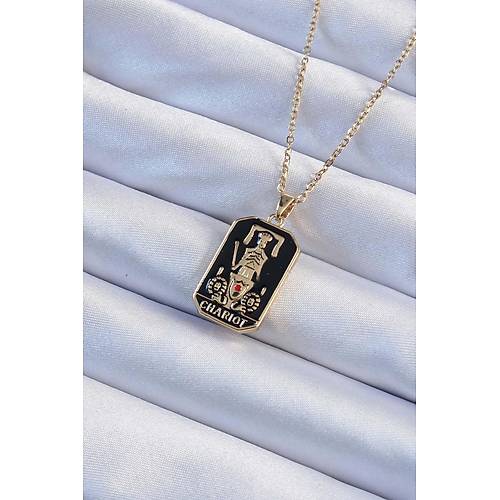 316L �elik Zincir Alt�n Renk Siyah Mineli Tarot Kolye