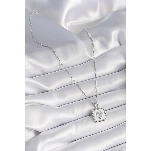 316L �elik G�m�� Renk Kare Madalyon Kalp Zirkon Ta� ��leme Kad�n Kolye