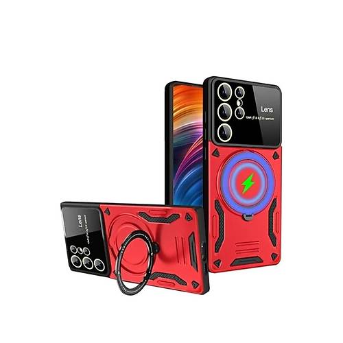 Galaxy S24 Ultra K�l�f Joy Lens Standl� Kapak - K�rm�z�