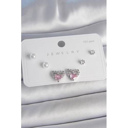 Pirin� G�m�� Renk Pembe Zirkon Ta�l� Kalp Model �nci Detay 925 Ayar G�m�� �ivi Kad�n K�pe Seti