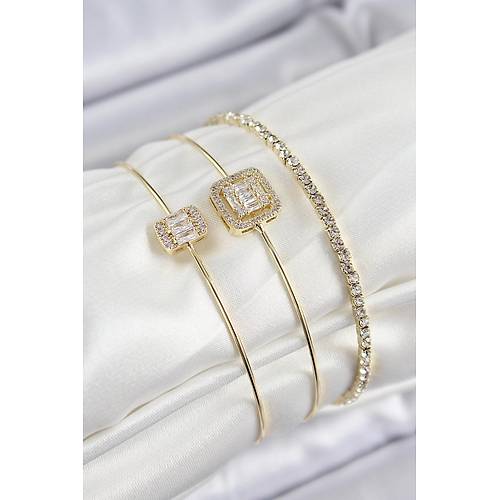 Pirin� Zirkon Ta�l� Baget Model Gold Renk Vip 3'l� Kad�n Bileklik