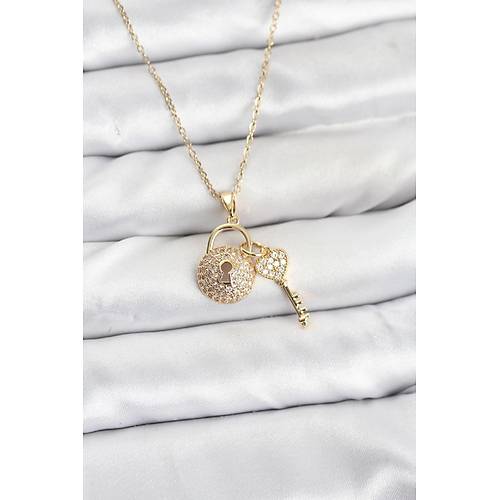316L �elik Zincir Gold Renk Kilit Anahtar Model Zirkon Ta�l� Kad�n Kolye
