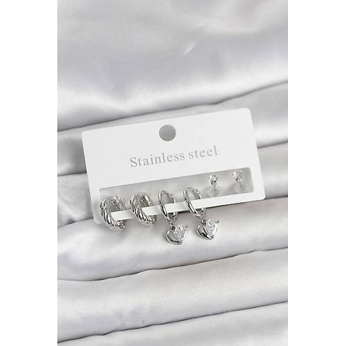 316L �elik G�m�� Renk Kalp Detayl� Kad�n K�pe Seti