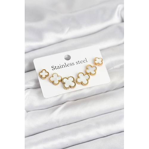 316L �elik Gold Beyaz Renk 3 Boy Yonca K�pe Seti