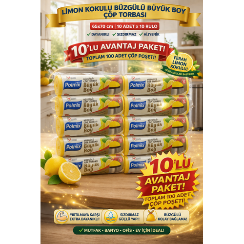 Polmix Limon Kokulu B�zg�l� B�y�k Boy ��p Torbas� 65x70 cm 10'lu 10 Paket Dayan�kl� S�zd�rmaz ��p Po�eti