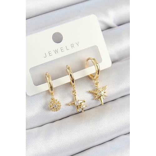 Pirin� Zirkon Ta�l� Y�ld�z Model Gold Renk 3'l� �ift Kad�n K�pe Set